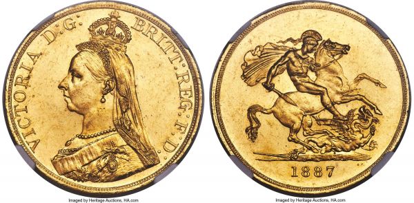 Lot 30383 > Victoria gold 5 Pounds 1887 MS62 NGC, KM769, S-3864. An attractive example of this jubilee type, bearing minor contact marks in the fields in line with the certified grade, but with otherwise pleasing semi-reflective surfaces. A desirable piece.