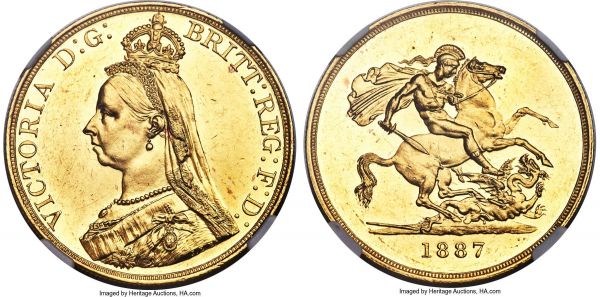 Lot 30384 > Victoria gold 5 Pounds 1887 MS61 Prooflike NGC, KM769, S-3864. A Prooflike example of the type showcasing reflective fields and a near-medallic level of presentation. 