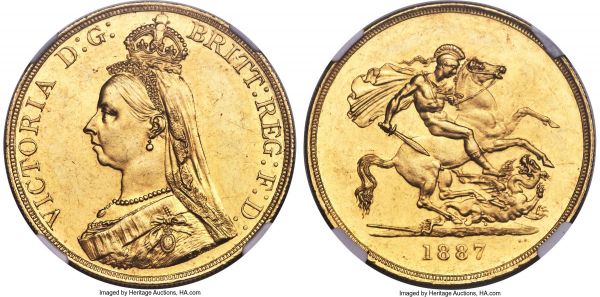 Lot 30385 > Victoria gold 5 Pounds 1887 MS61 NGC, KM769, S-3864. Somewhat Prooflike, the devices quite well struck, with not much in the way of surface blemishes. A premium example for the grade.