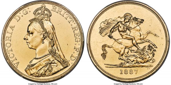 Lot 30386 > Victoria gold 5 Pounds 1887 UNC Details (Cleaned) PCGS, KM769, S-3864. Displaying evidence of prior cleaning but nonetheless quite appealing, with bright sun-yellow and fully flashy surfaces. A rare opportunity to acquire an attainable yet pleasing example of the type.