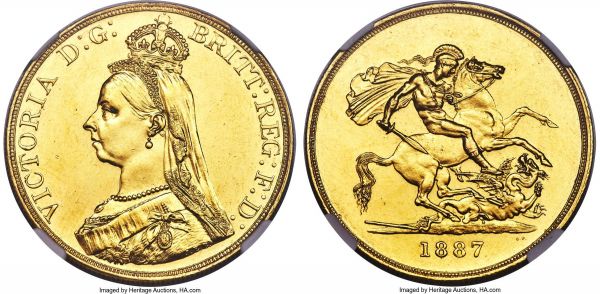 Lot 30387 > Victoria gold 5 Pounds 1887 UNC Details (Cleaned) NGC, KM769, S-3864. Cleaned, yet retaining much of its original brightness with an almost perfect portrait of Victoria. 