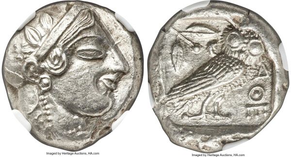 Lot 30039 > ATTICA. Athens. Ca. 475-465 BC. AR light weight tetradrachm (24mm, 15.62 gm, 11h). NGC Choice AU 5/5 - 4/5, edge cuts. Head of Athena right with frontal eye and 'archaic smile', hair drawn in wavy line across forehead, wearing Attic helmet ornamented with three laurel leaves and vine scroll, earring and pearl necklace / AΘE, owl standing right, head facing, olive sprig and small crescent moon behind, all within deep incuse square. HGC 4, 1593. Starr Group II.