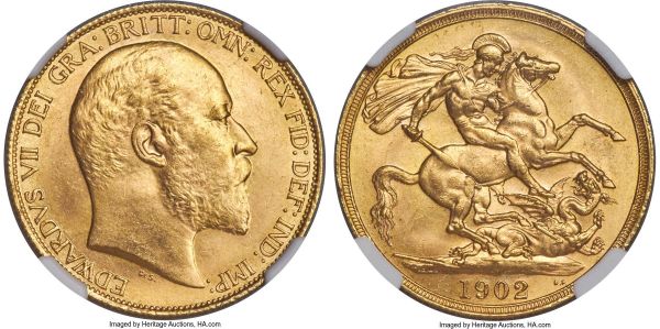 Lot 30390 > Edward VII gold 2 Pounds 1902 MS64+ NGC, KM806, S-3968. A rare issue in this near-gem quality, with only two examples graded higher, in MS65, by PCGS and NGC combined. Very little in the way of contact marks, with a flashy cartwheel brilliance highlighting canary-yellow surfaces. An impressive piece and sure to encounter much interest at the hands of specialist British collectors.