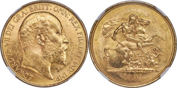 Lot 30391 > Edward VII gold 5 Pounds 1902 MS61 NGC, KM807, S-3965. Of the approximately 35,000 pieces minted of this one-year type, 27,000 were melted, resulting in a deceivingly scarce issue. Speckled contact marks dot the surface, but this piece is quite solid for the grade with plenty of luster in the fields.