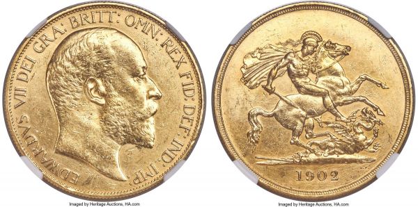 Lot 30392 > Edward VII gold 5 Pounds 1902 UNC Details (Surface Hairlines) NGC, KM807, S-3966, W&R-40. A fully uncirculated example of this popular gold denomination expressing full detail and only lighter instances of handling outside the noted cleaning. 