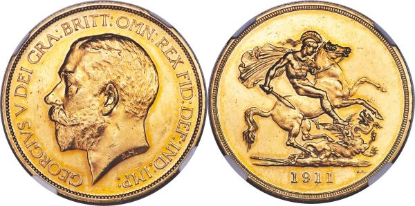 Lot 30393 > George V gold Proof 5 Pounds 1911 PR61 NGC, KM822, S-3994. From a mintage of only 2,812 pieces. An impressive example of this Proof-only issue, wisps of marigold around the devices lending a bit of character to the soft glow of the reflective fields. The contrast between the emblematic motifs and glistening recesses is greater than might be expected, only intruded upon by a grouping of handling marks around the obverse portrait that place the piece in line with the assigned grade.