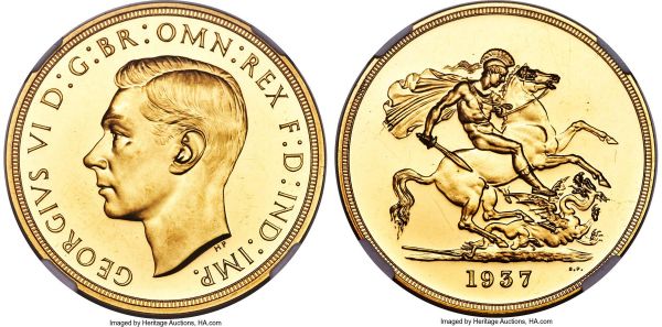 Lot 30394 > George VI gold Proof 5 Pounds 1937 PR61 NGC, KM861, S-4074. An ever-popular type struck in a mintage of 5,500, issued as part of George VI's coronation Proof set. Deeply reflective, with only light instances of handling accounting for the assigned grade. 