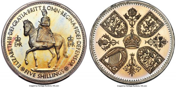 Lot 30395 > Elizabeth II Proof Crown 1953 PR67 Deep Cameo PCGS, KM894, S-4136. Struck as part of Elizabeth II's coronation Proof set, an exceptionally presentable specimen with deep mirror fields toned to a dappled white-gold sheen over original icy white color. Near technical perfection. 