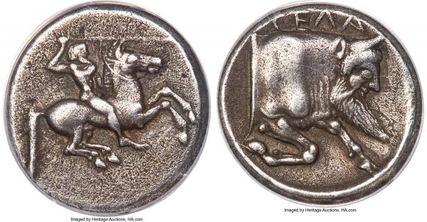 Lot 30004 > SICILY. Gela. Ca. 490-475 BC. AR didrachm (19mm, 8.38 gm, 7h). ANACS VF 35.  Horseman, nude save for pileus, on horse galloping right, brandishing spear in his upraised right hand / CΕΛΑ, forepart of man-faced bull running right. Jenkins, Group I, 11. HGC 2, 362.  Ex Jesús Vico, Auction 152 (15 November 2018), lot 214