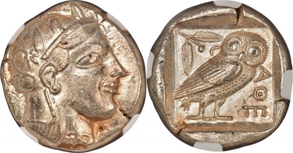 Lot 30040 > ATTICA. Athens. Ca. 465-455 BC. AR tetradrachm (25mm, 17.16 gm, 7h). NGC Choice AU 5/5 - 4/5, Fine Style. Head of Athena right, wearing crested Attic helmet ornamented with three laurel leaves and vine scroll / AΘE, owl standing right, head facing; olive sprig and crescent moon behind, all within incuse square. HGC 4, 1596. Starr Group V.