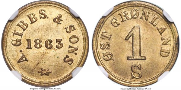 Lot 30401 > Ostgronland. A. Gibbs & Sons brass Skilling Token 1863 MS65 NGC, KM-Tn11, Sieg-8. A rare and historically important token relating to the failed 1863 expedition of this British trading and mining company to eastern Greenland, in an exceptional gem state of preservation.