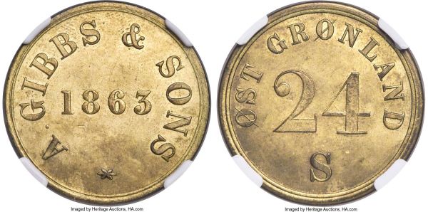 Lot 30402 > Ostgronland. A. Gibbs & Sons brass 24 Skilling Token 1863 MS64 NGC, KM-Tn13, Sieg-10. Near-gem, a scarce token with pleasing harvest-yellow surfaces and minimal evidence of handling.