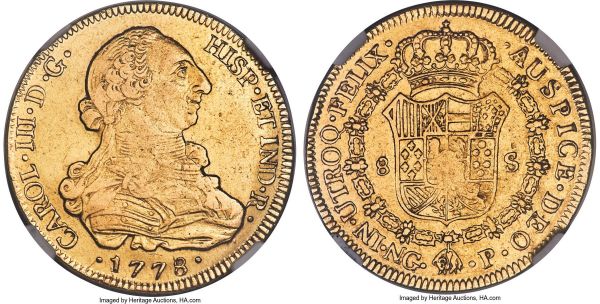 Lot 30404 > Charles III gold 8 Escudos 1778 NG-P XF Details (Excessive Surface Hairlines) NGC, Nueva Guatemala mint, KM40, Fr-10. A rare opportunity to acquire an example of what remains one of the scarcer date-types in the entire Charles III Spanish colonial series! Moderately circulated, though displaying a relatively clean strike for the issue, with clearly outlined devices and only smaller areas of insignificant weakness. 