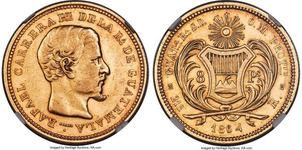 Lot 30406 > Republic gold 8 Pesos 1864-R AU55 NGC, Guatemala mint, KM184, Fr-33. A notably scarcer issue within the Guatemalan series, seeing just 474 examples struck for this ultimately single-year type. A gentle scattering of friction confirms some circulation, though plentiful luster exists in the fields, highlighting what remains a charming condition and overall level of preservation for the type. 