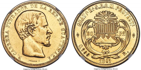 Lot 30407 > Republic gold 20 Pesos 1869-R AU Details (Cleaned) NGC, KM194. Mintage: 16,000. A one-year type featuring the portrait of Rafael Carrera. Cleaned, though with abundant mint luster remaining. 