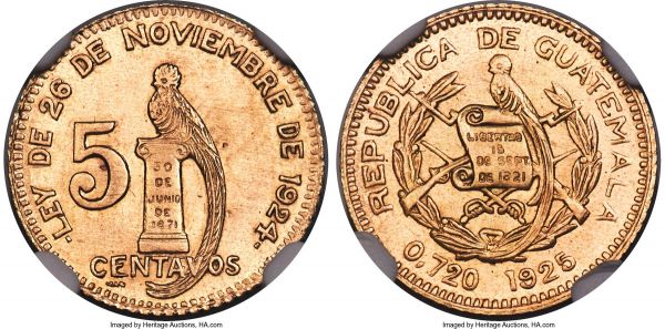 Lot 30408 > Republic gold Off-Metal Strike 5 Centavos 1925 MS65 NGC, KM238.1a. A rare gold striking of the 1925 5 Centavos, for which the Standard Catalog of World Coins reports only 8 examples struck. While this seems unlikely given the 6 specimens currently certified by NGC, the fact remains that this issue is decidedly difficult in any condition, making the finest certified representative, an honor taken by the present selection, one to be coveted by dedicated collectors of the Guatemalan series. 