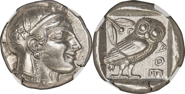 Lot 30041 > ATTICA. Athens. Ca. 465-455 BC. AR tetradrachm (23mm, 17.10 gm, 10h). NGC AU S 5/5 - 5/5. Head of Athena right, wearing crested Attic helmet ornamented with three laurel leaves and vine scroll / AΘE, owl standing right, head facing; olive sprig and crescent moon behind, all within incuse square. HGC 4, 1596. Starr Group V.