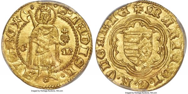 Lot 30414 > Maria gold Goldgulden ND (1382-1387) MS65 PCGS, Fr-8, CNH-111. 3.56gm. An absolutely superb example of issue from the short-lived reign of Maria of Anjou, boasting a supremely strong strike and a lively, liquid golden texture.
