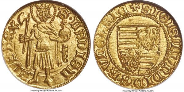 Lot 30415 > Sigismund gold Goldgulden ND (1387-1437) MS65 NGC, Buda mint, Fr-9, Husz-572, Lengyel-17/3. Reverse type with eagle in quartered shield. Fully brilliant, and an exceptionally choice example of this early coinage.  From the Caranett Collection