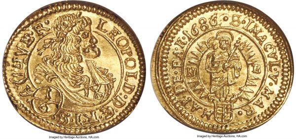 Lot 30416 > Leopold I gold 1/6 Ducat 1686-NB MS66 NGC, Nagybanya mint, KM189, Fr-154, Husz-1343. Fantastically lustrous and sharp, the fields' only clear feature taking the form of light die polish lines visible under magnification, a bright glow emanating from the entirety of the planchet and serving to underscore an impression of impeccable quality for the type.  From the Caranett Collection