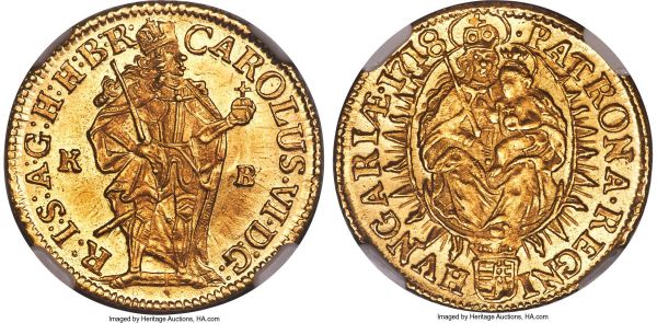 Lot 30417 > Karl VI gold Ducat 1718 K-B MS66 NGC, Kremnitz mint, KM291, Fr-173. An illustrious ducat whose shimmering clear fields and sharp strike serve to indicate a standout quality rarely seen for the type, or even more broadly, for any coin of its age. A true gem, one certain to appeal to even the most conditionally discriminating collector.  From the Caranett Collection