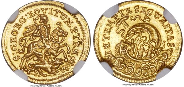 Lot 30418 > Jeremias Roth Senior gold 1/2 Ducat ND (1690-1751) MS66 NGC, Kremnitz mint, Fr-585, Husz-22. A conditionally superior selection of this fractional ducat type showcasing a profound clarity of strike with shimmering watery luster embracing the crisp devices. Though NGC does not list population data for this type, this is certainly among the finest, with none currently certified above MS64 by PCGS.  From the Caranett Collection