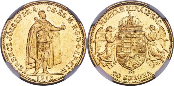 Lot 30419 > Franz Joseph I gold 20 Korona 1916-KB AU58 NGC, Kremnitz mint, KM495, Fr-259, Husz-2231. Variety with Bosnian arms in shield. A sharp example of this better variety offering near-uncirculated features enhanced by a glowing mint brilliance. 