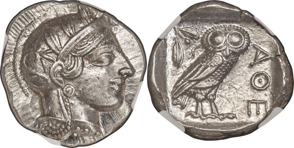 Lot 30042 > ATTICA. Athens. Ca. 440-404 BC. AR tetradrachm (26mm, 17.21 gm, 10h). NGC Choice MS 5/5 - 5/5. Mid-mass coinage issue. Head of Athena right, wearing crested Attic helmet ornamented with three laurel leaves and vine scroll / AΘE, owl standing right, head facing; olive sprig and crescent moon behind, all within incuse square. HGC 4, 1597. SNG Copenhagen 31-40. Kroll 8. Perfectly struck on blazing lustrous surfaces.