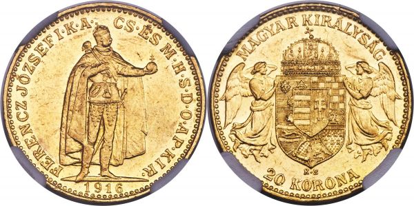 Lot 30420 > Franz Joseph I gold 20 Korona 1916-KB AU55 NGC, Kremnitz mint, KM495, Fr-259, Husz-2231. Variety with Bosnian arms in shield. Blazing luster decorates the peripheries of this lightly circulated example showing evenly scattered light friction, though little to no wear throughout the majority of its design. 