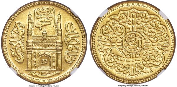 Lot 30423 > Hyderabad. Mir Usman Ali Khan gold Ashrafi AH 1329 Year 1 (1911) MS63 NGC, Hyderabad (Farkhanda Bunyad) mint, KM-Y57, Fr-1165. 