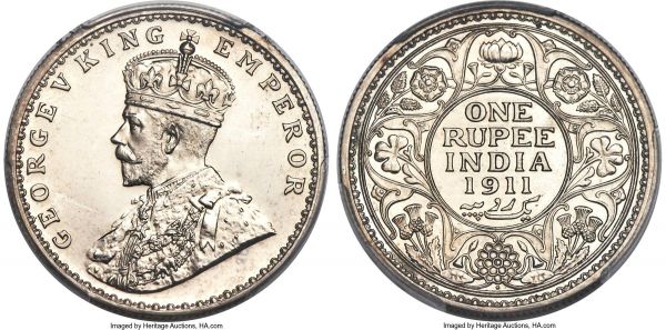 Lot 30425 > British India. George V Proof Rupee 1911-(b) PR63 PCGS, Bombay mint, KM523, S&W-8.16. A commendable original striking of the 1911 Proof Rupee displaying mirrored, ultra-watery fields, a few isolated hairlines marks holding the coin from higher echelons of certification, the strike complete and yielding expressive highpoint detail. Worthy of a premium bid and close in-hand examination. 