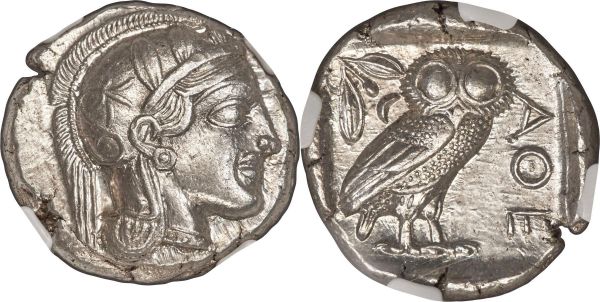 Lot 30043 > ATTICA. Athens. Ca. 440-404 BC. AR tetradrachm (26mm, 17.18 gm, 10h). NGC MS S 5/5 - 5/5, Full Crest. Mid-mass coinage issue. Head of Athena right, wearing crested Attic helmet ornamented with three laurel leaves and vine scroll / AΘE, owl standing right, head facing; olive sprig and crescent moon behind, all within incuse square. HGC 4, 1597. SNG Copenhagen 31-40. Kroll 8. Magnificently struck on ample flan with prooflike luster.