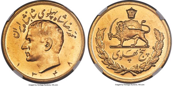 Lot 30433 > Muhammad Reza Pahlavi gold 5 Pahlavi SH 1348 (1969) MS66 NGC, Tehran mint, KM1164, Fr-99. Illuminated by whirling cartwheel luster, the surfaces of this superb gem revealing not a single instance of handling that could be considered meaningfully distracting in hand, the only impression established one of enviable preservation. Notably the finest example seen by either NGC or PCGS, and fully deserving of a premium bid. 