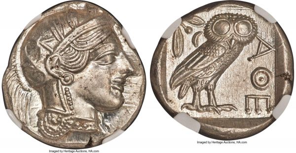 Lot 30044 > ATTICA. Athens. Ca. 440-404 BC. AR tetradrachm (25mm, 17.19 gm, 3h). NGC MS S 5/5 - 5/5. Mid-mass coinage issue. Head of Athena right, wearing crested Attic helmet ornamented with three laurel leaves and vine scroll / AΘE, owl standing right, head facing; olive sprig and crescent moon behind, all within incuse square. HGC 4, 1597. SNG Copenhagen 31-40. Kroll 8. 