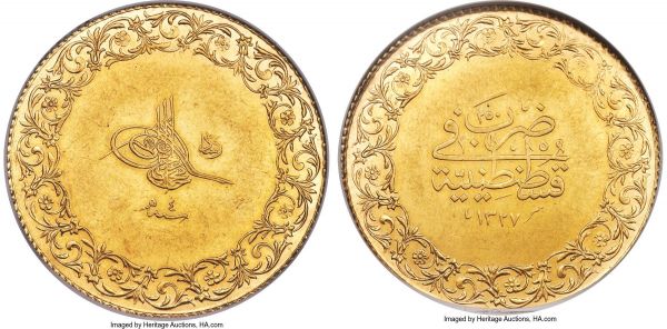 Lot 30442 > Ottoman Empire. Mehmed V gold 250 Kurush AH 1327 Year 4 (1912/1913) AU53 NGC, Constantinople mint (in Turkey), KM757, Fr-65. A very scarce issue, this being the first example of the type we have seen to date. An exceptional piece for the assigned grade, exhibiting considerable luster and only a very minimal amount of rub at the high points, as well as some hairlines in the central fields. 