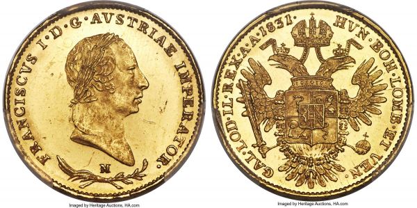 Lot 30445 > Lombardy-Venetia. Franz I gold 1/2 Sovrano 1831/21-M MS64 PCGS, Milan mint, KM-C10.1, Fr-741d. A rare overdate, unlisted in the Standard Catalogue of World Coins and one of only two examples graded by PCGS. Lightly Prooflike, with especially watery and contrasted reverse fields. A small scratch below the chin accounts for the current grade on what otherwise might be considered gem surfaces.