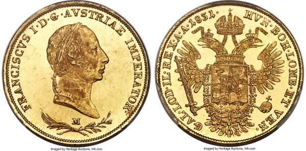 Lot 30446 > Lombardy-Venetia. Franz I gold Sovrano 1831/21-M MS64 PCGS, Milan mint, KM-C11.1, Fr-741c, Mont-332, Gig-16. A scarce overdate, especially in such near-gem quality. Superbly struck and practically Prooflike, each detail of the devices razor-sharp and lightly frosted against the mirrored golden backdrop of the fields. The overdate is clear and defined, the latter 