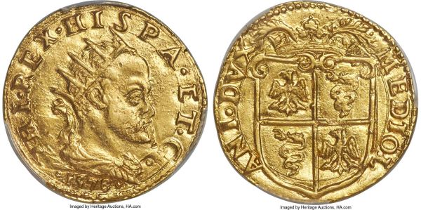 Lot 30447 > Milan. Philip II gold Doppia 1578 MS62 PCGS, Fr-716, MIR-301/1, Crippa-4/A. A lustrous representative of this Spanish-Italian gold 
