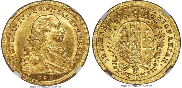 Lot 30448 > Naples & Sicily. Ferdinand IV gold 6 Ducati 1776 BP//C-CC MS62 NGC, KM176, Fr-849. Choice for its certification, a luminous offering with full mint luster and a near-complete strike.