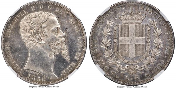 Lot 30449 > Sardinia. Vittorio Emanuele II 5 Lire 1850 (Anchor)-P AU55 NGC, Genoa mint, KM144.2. A scarce type in this quality, and an appealing example with nearly full mint luster and a pleasing light tone. One of the more affordable dates in the series.