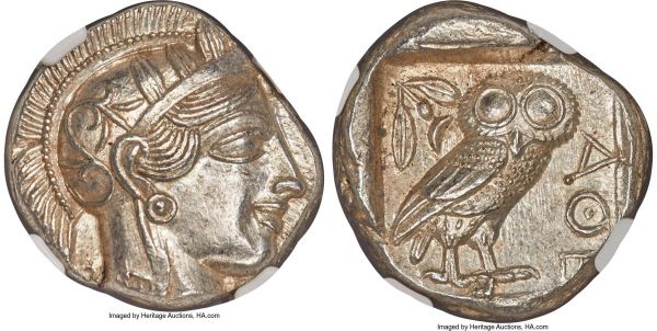 Lot 30045 > ATTICA. Athens. Ca. 440-404 BC. AR tetradrachm (24mm, 17.22 gm, 10h). NGC MS 5/5 - 5/5.  Mid-mass coinage issue. Head of Athena right, wearing crested Attic helmet ornamented with three laurel leaves and vine scroll / AΘE, owl standing right, head facing; olive sprig and crescent moon behind, all within incuse square. HGC 4, 1597. SNG Copenhagen 31-40. Kroll 8. 
