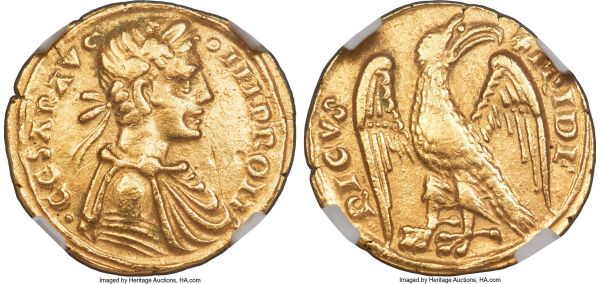 Lot 30450 > Sicily. Frederick II (1197-1250) gold Augustale ND (1230-1250) XF40 NGC, Messina mint, Fr-134, MEC XIV-515, MIC-59, Spahr-98. 5.26gm. (annulet) IMP ROM | • CESAR AVG, Laureate bust right / +FRIDE | RICVS, Eagle left, head right, wings raised. An extremely rare and charismatic pseudo-Ancient type, styled and produced in the manner of an imperial Roman issue. Important as a representative of a turning point in medieval coinage, the first major piece to exhibit the realistic, detailed side-facing portrait that would become common on European coinage, and desirable for collectors of both Ancient and medieval coinage. Exhibiting moderate evidence of circulation, resulting in flatness in the high points, but well-struck, exhibiting bright yellow-gold surfaces and with much detail remaining nonetheless.