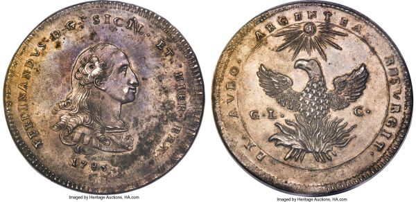 Lot 30451 > Sicily. Ferdinand III Oncia of 30 Tari 1785-GLC AU58 NGC, Palermo mint, KM207, MIR-596, Spahr-1, Dav-1416. 68.25gm. A massive issue exhibiting a wholesome cabinet tone, the surfaces unbelievably original and permeated with light hues of violet and cobalt. Displaying a charming 