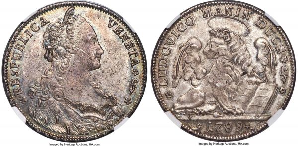 Lot 30452 > Venice. Ludovico Manin Tallero 1789 MS62 NGC, KM747, Dav-1575. An exalted representative for the type almost always encountered with some sort of externally caused flaw. Although somewhat flat in the strike, this wholesome piece persists with a commendable articulation within the details, and possesses a delicious tonal blend of steely grey and pastel lilac. An elite example worthy of an elite collection.