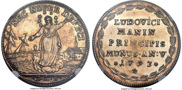 Lot 30453 > Venice. Ludovico Manin Osella Anno V (1793)-ZAB MS62 NGC, KM-X386, Paolucci II, 276. An exceptionally beautiful and enchanting design, this wondrous specimen, full of radiant luster and an attractive cabinet tone, is exceedingly scarce in such a state of preservation. Tremendous eye-appeal and charm are on full display with this near-choice piece, featuring rich allegory with Venice floating on clouds, ship and building in background. Ex. Heritage Long Beach Signature Auction 3057 (September 2017, Lot 31168)