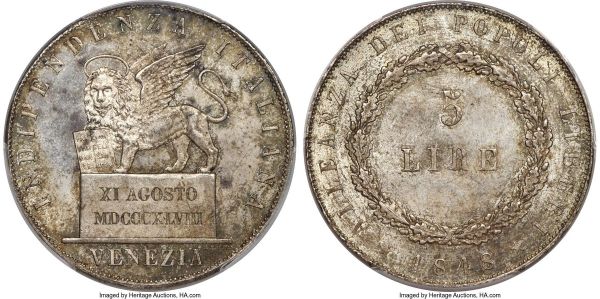 Lot 30454 > Venice. Revolutionary 5 Lire 1848 MS65 PCGS, Venice mint, KM803 (prev. KM-C185). A scarce one-year type struck during the turmoil of 1848, this revolutionary issue exhibits a calm, subtle mottled toning beneath brilliant cartwheeling luster. Very little in the way of surface marks, and overall quite solid for the grade with charming eye-appeal to boot.