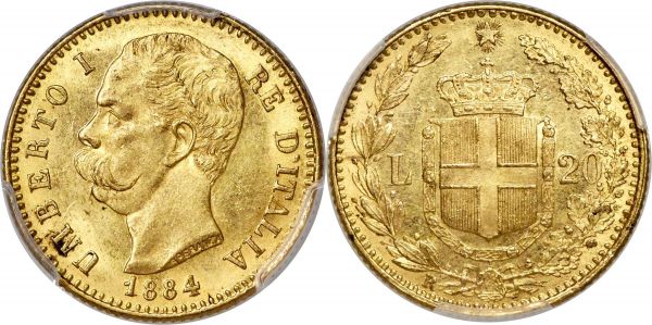 Lot 30455 > Umberto I gold 20 Lire 1884-R MS64 PCGS, Rome mint, KM21, Pag-580. A scarce date that saw a total of only 9,775 struck, a figure much lower than the adjacent dates in the series which saw 182,000 and 165,000 produced. The first example of this date which we have offered and, notably, tied for finest certified across both NGC and PCGS combined.