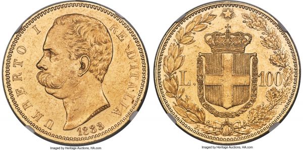 Lot 30456 > Umberto I gold 100 Lire 1883-R MS61 NGC, Rome mint, KM22, Fr-18, Mont-3, Gig-3. Bust of King Umberto I left, with date below. Rev. Crowned arms dividing L.-100, within wreath. Extremely rare, with a tiny mintage of only 4,219 pieces; this offering exhibits abundant Prooflike luster and an immensely crisp portrait of Umberto, impacted by scattered contact marks in line with the grade yet remaining decidedly choice for issue. Scarcely encountered in Mint State, an enticing example boasting strong visual allure.