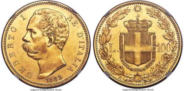 Lot 30457 > Umberto I gold 100 Lire 1883-R UNC Details (Obverse Graffiti) NGC, Rome mint, KM22, Fr-18. Mintage: 4,219. A luminous representative of a low-mintage issue prized by Italian collectors in both circulated and uncirculated conditions alike. The present offering displays graffiti to the front of Umberto's bust, this clearly including the date 