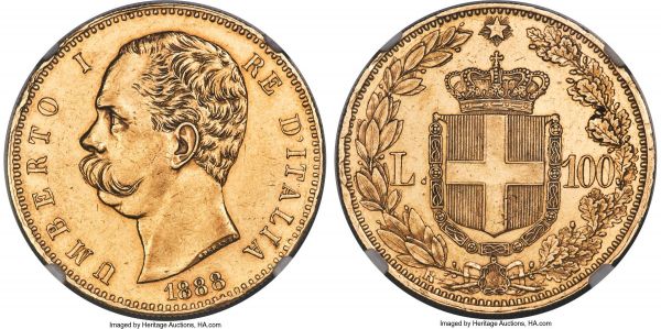 Lot 30458 > Umberto I gold 100 Lire 1888-R AU Details (Rim Damage) NGC, Rome mint, KM22, Fr-18, Pag-570. Obv. Bare head left. Rev. Crowned coat-of-arms within Order chain; all within wreath; rayed star above. A lustrous example of this relatively low-mintage type which saw only 1,169 struck for 1888. 